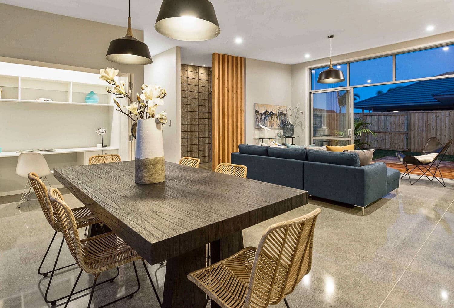 Resedential polished concrete floor with salt and pepper finish.