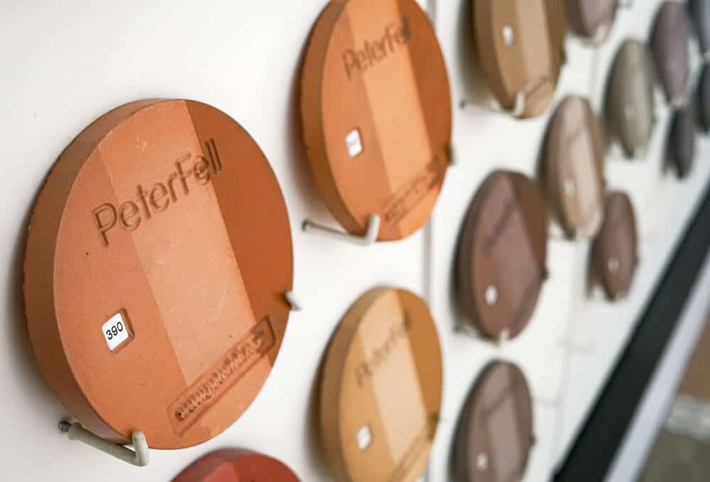 coloured-concrete-block-samples-PFL390 coloured concrete samples in Peter Fell showroom.