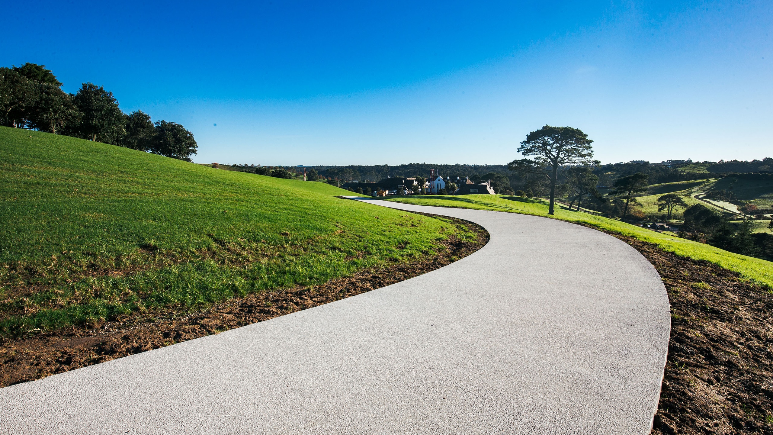white concrete driveway winding through huge green lawn.