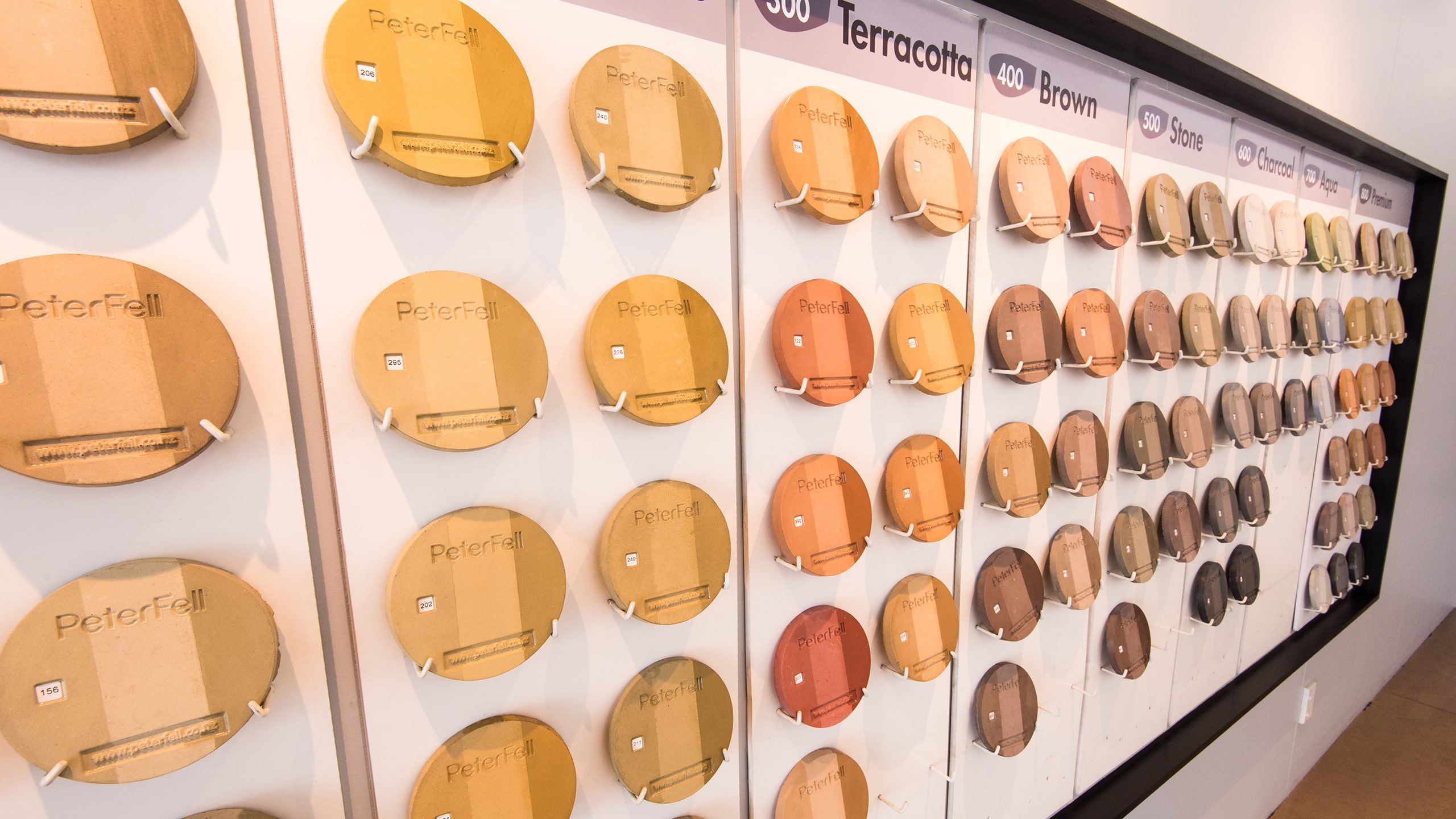 coloured concrete samples in PeterFell Showroom